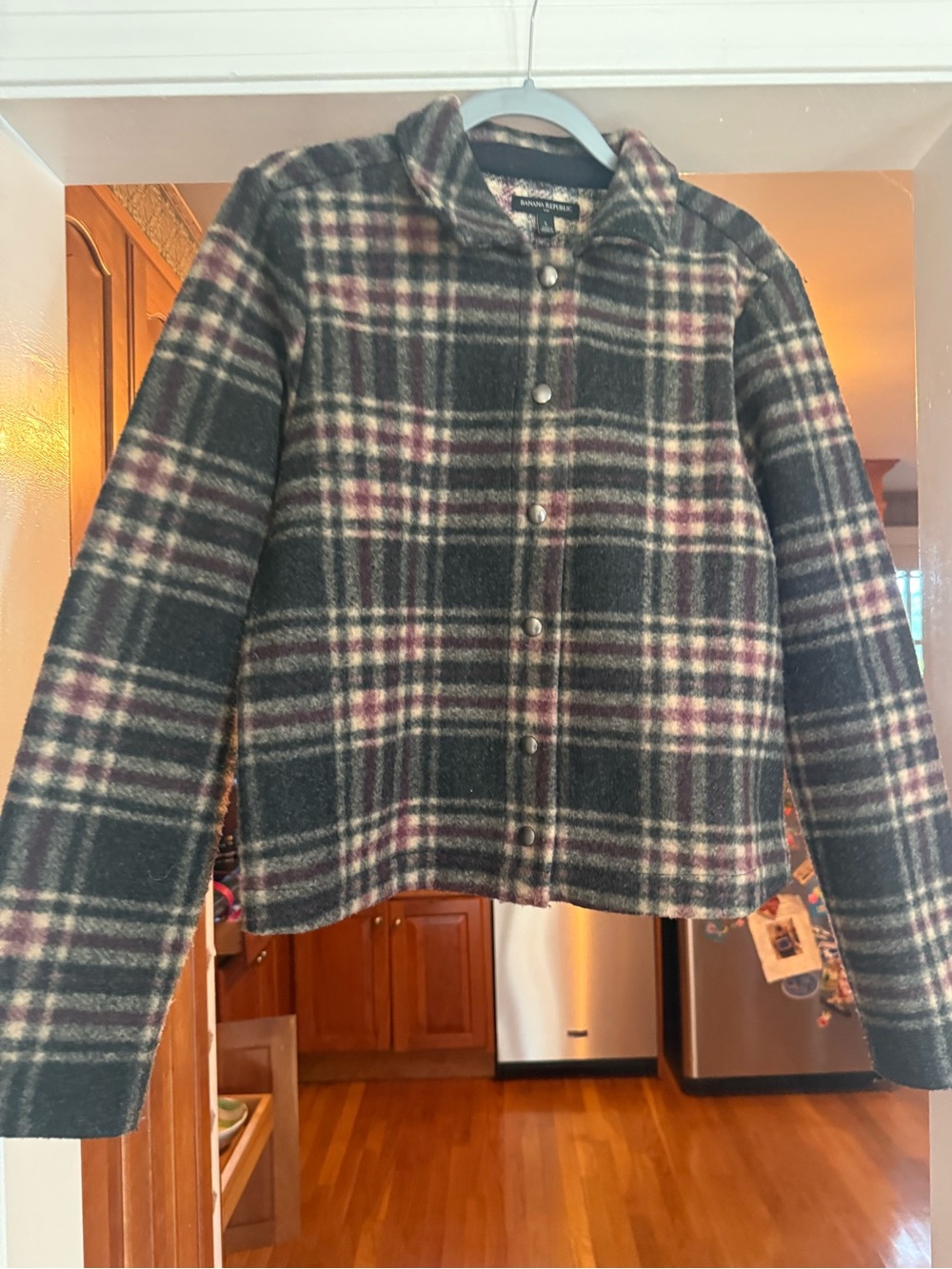 Banana Republic Plaid Snap-Front Jacket in Black, Cream & Pink